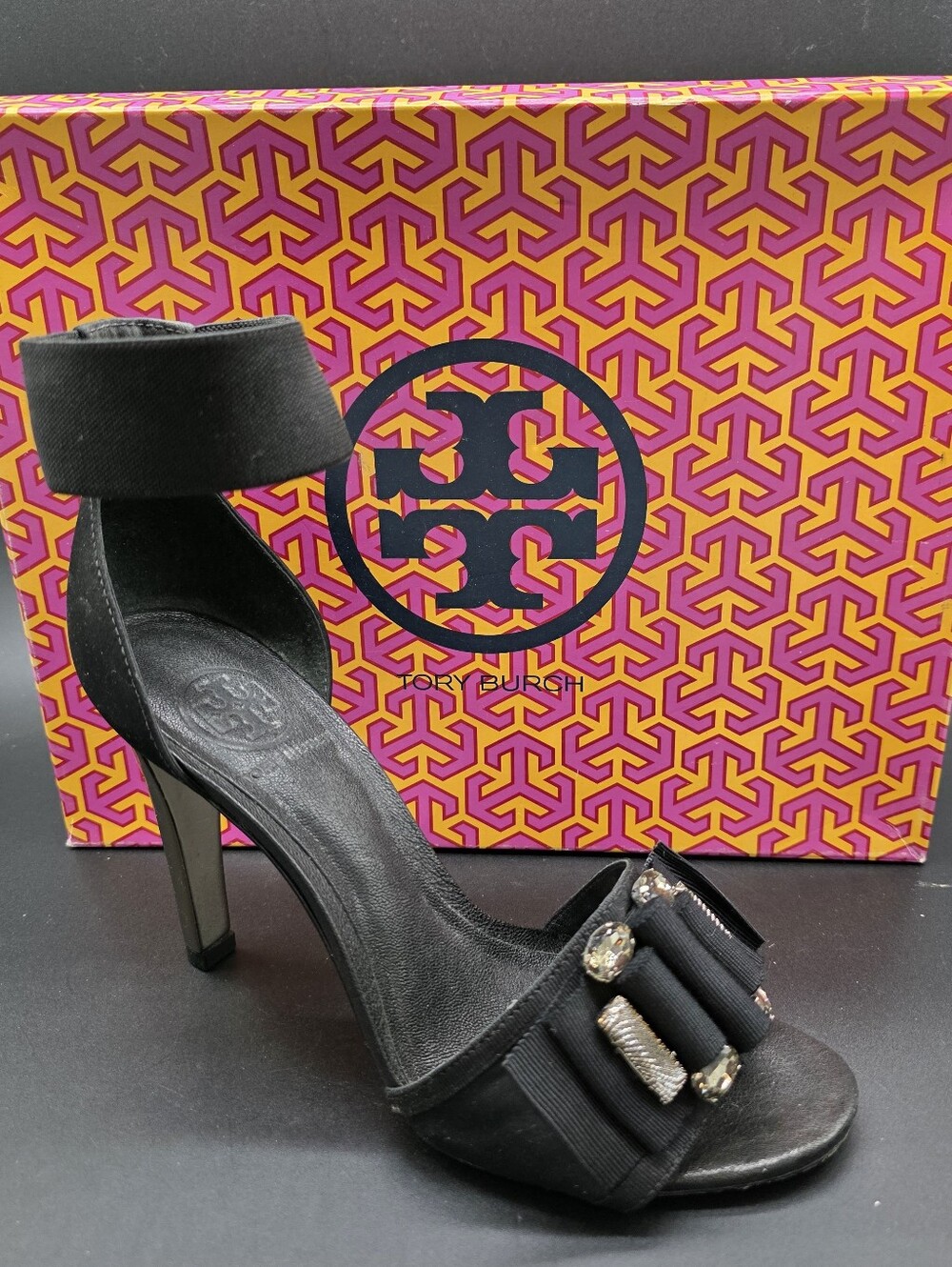 IOB Tory Burch Kierra Black Jeweled Bow Ankle-Strap Sandal